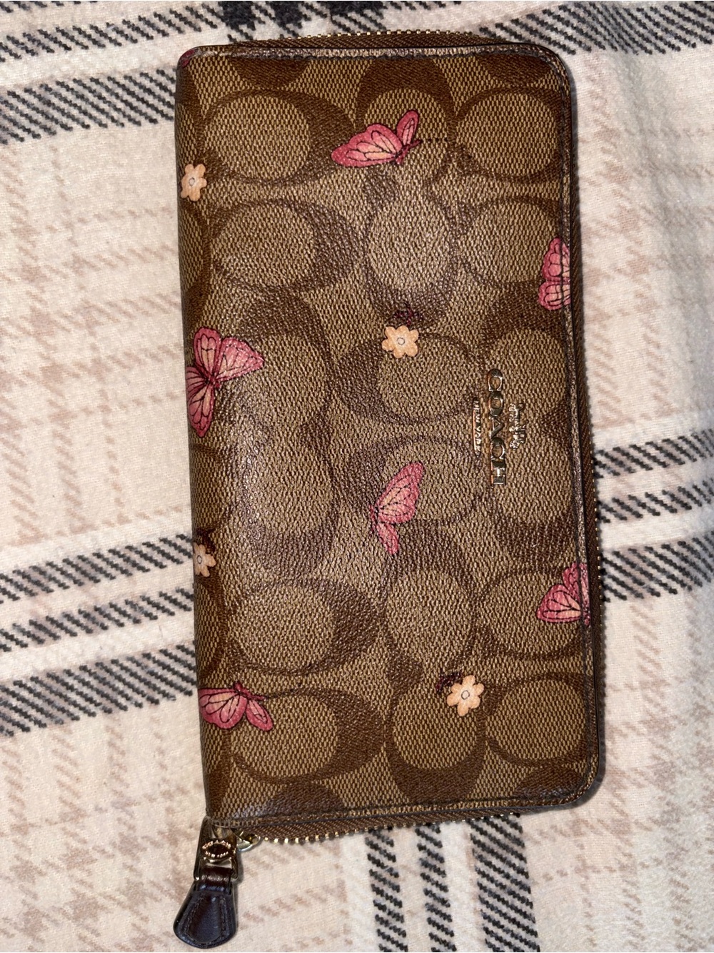 Coach Brown Signature Zip Wallet with Pink Butterflyβs